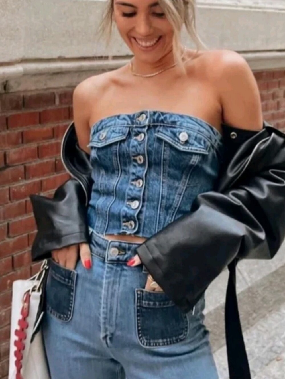 NWT ZARA Woman Corset DENIM strapless BUSTIER TOP Metal Button Light Blue Medium